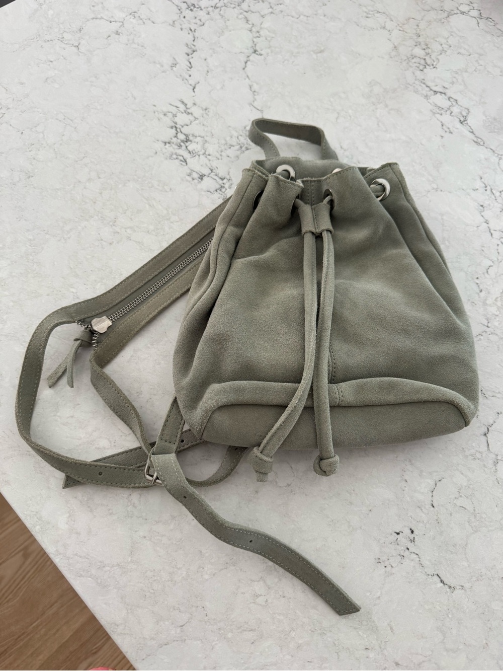 Suede Drawstring Bucket Backpack Bag - Sage Green Urban Outfitters